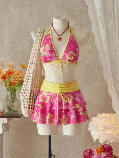 Bellisia Women's Summer Beach Music Festival Flower Pattern Skirt Halter Casual Vacation Style Bikini 3 Pieces Set