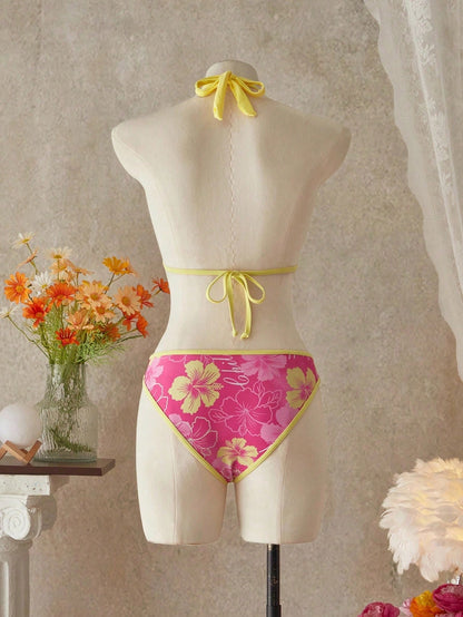 Bellisia Women's Summer Beach Music Festival Flower Pattern Skirt Halter Casual Vacation Style Bikini 3 Pieces Set
