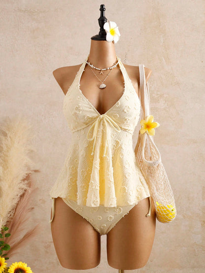 Bellisia Women Summer White Polka Dot Textured Camisole Tankini Bikini Tropical Beach Holiday Vacation,Elegant Ruffle Detail Countryside Style Dress
