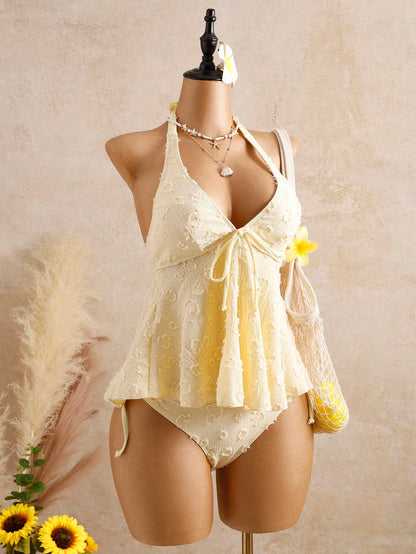 Bellisia Women Summer White Polka Dot Textured Camisole Tankini Bikini Tropical Beach Holiday Vacation,Elegant Ruffle Detail Countryside Style Dress