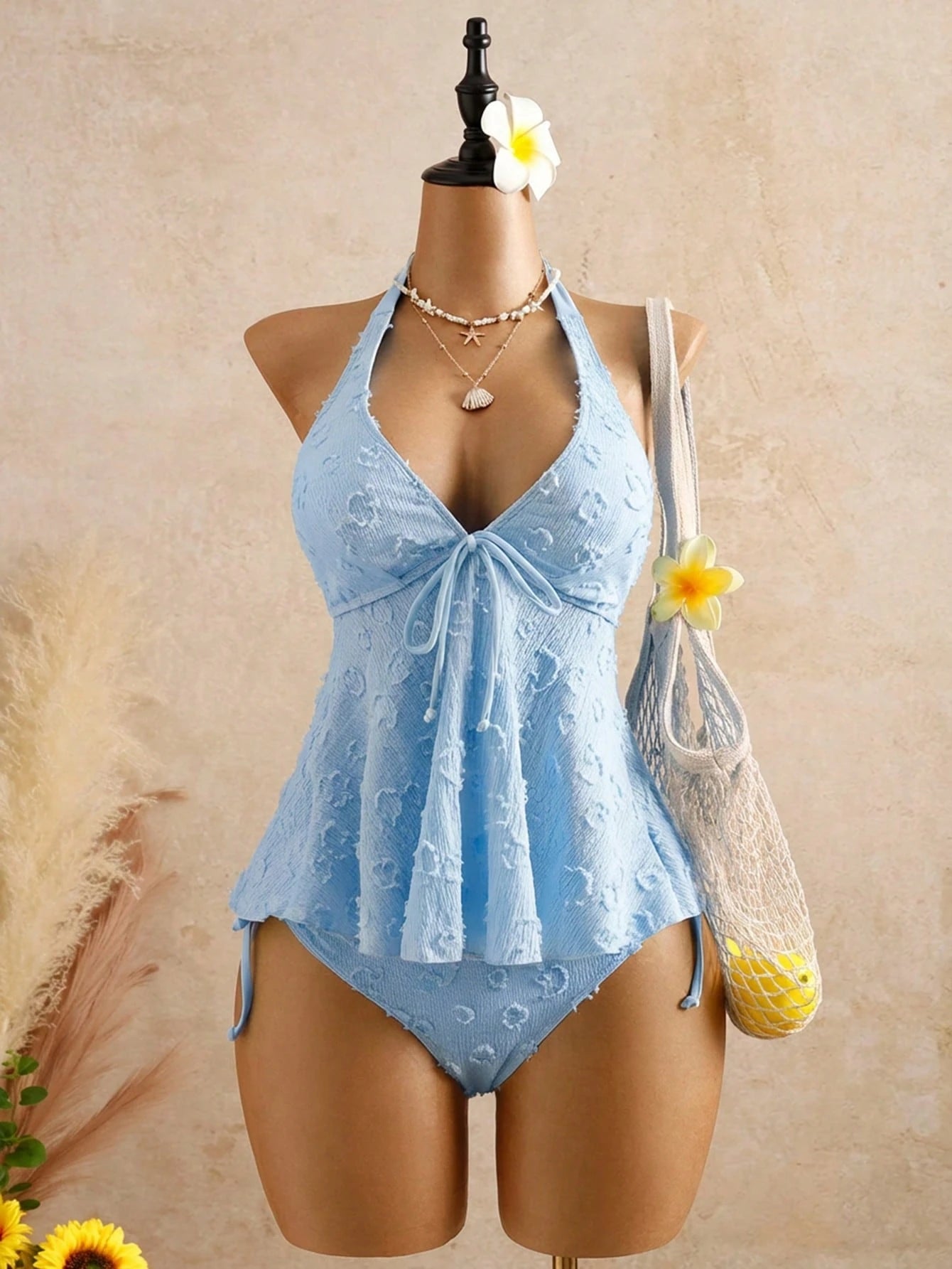 Bellisia Women Summer White Polka Dot Textured Camisole Tankini Bikini Tropical Beach Holiday Vacation,Elegant Ruffle Detail Countryside Style Dress