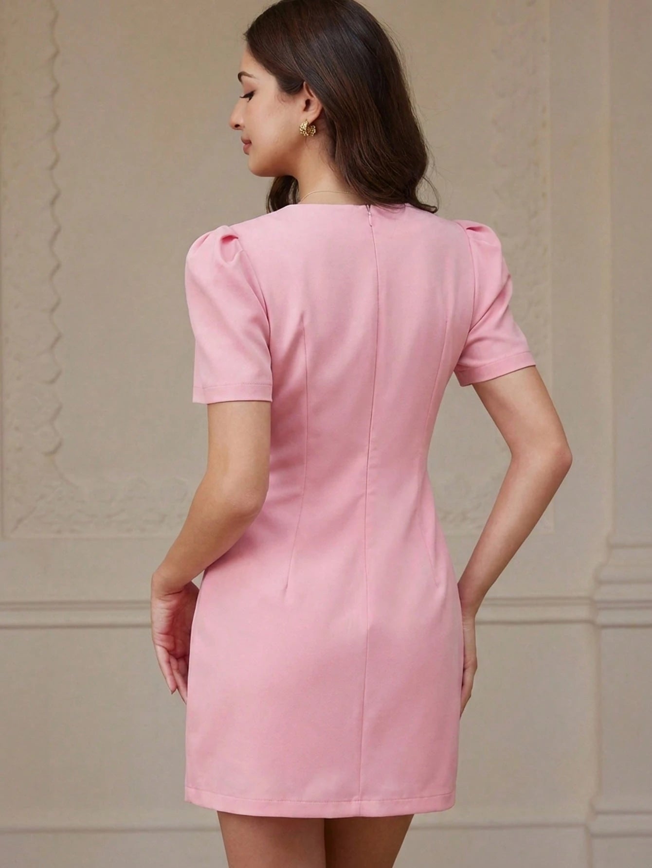 BELROSIE Fashionable Design Sense Casual Pleated Pocket Short Solid Color Long Sleeve Dress