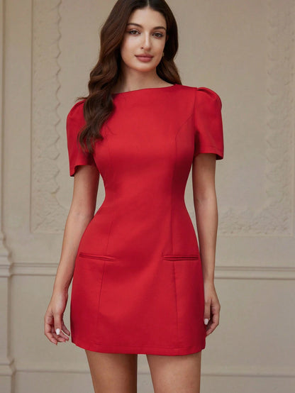 BELROSIE Fashionable Design Sense Casual Pleated Pocket Short Solid Color Long Sleeve Dress