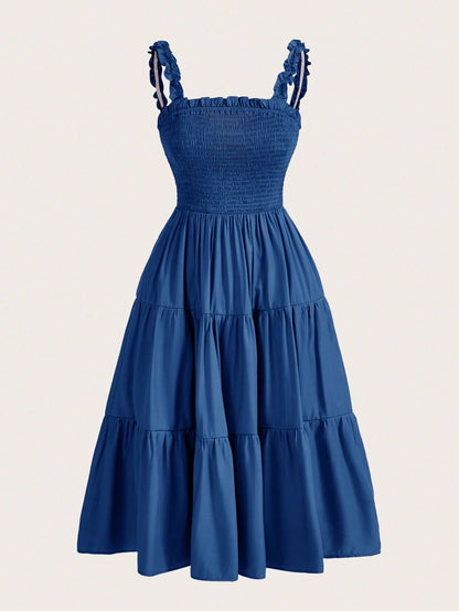 BELROSIE Solid Frill Trim Ruffle Hem Dress Holiday Party Dress  Boho Vacation Fashionable Style For Summer Spring Fall Autumn