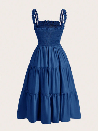BELROSIE Solid Frill Trim Ruffle Hem Dress Holiday Party Dress  Boho Vacation Fashionable Style For Summer Spring Fall Autumn