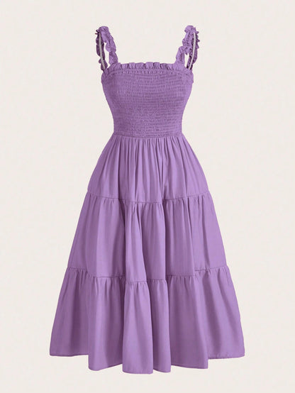 BELROSIE Solid Frill Trim Ruffle Hem Dress Holiday Party Dress  Boho Vacation Fashionable Style For Summer Spring Fall Autumn