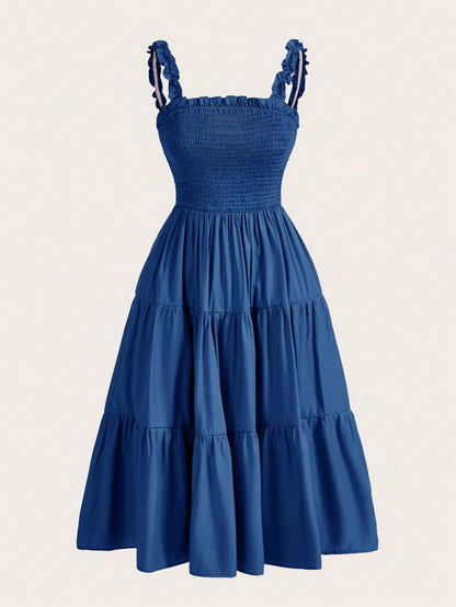 BELROSIE Solid Frill Trim Ruffle Hem Dress Holiday Party Dress  Boho Vacation Fashionable Style For Summer Spring Fall Autumn
