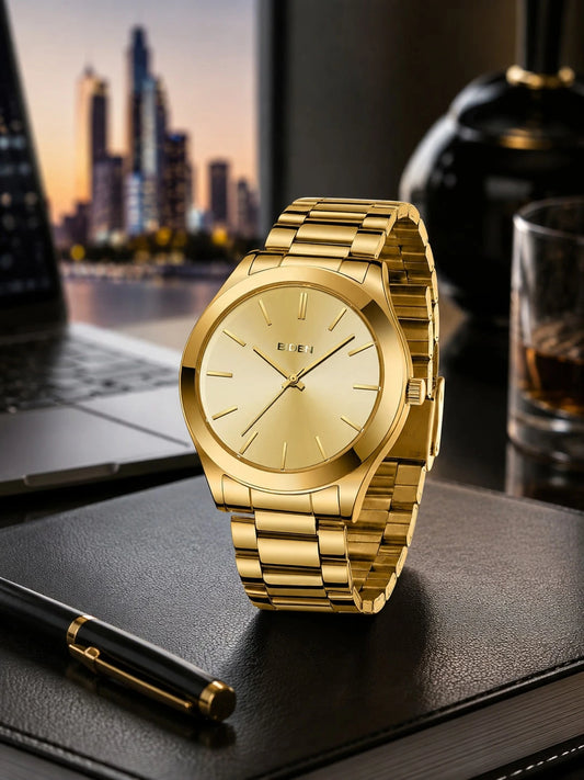 BIDEN 1pc Men's Waterproof Stainless Steel Strap Analog Quartz Watch, Simple Business Watch, Gift For Men