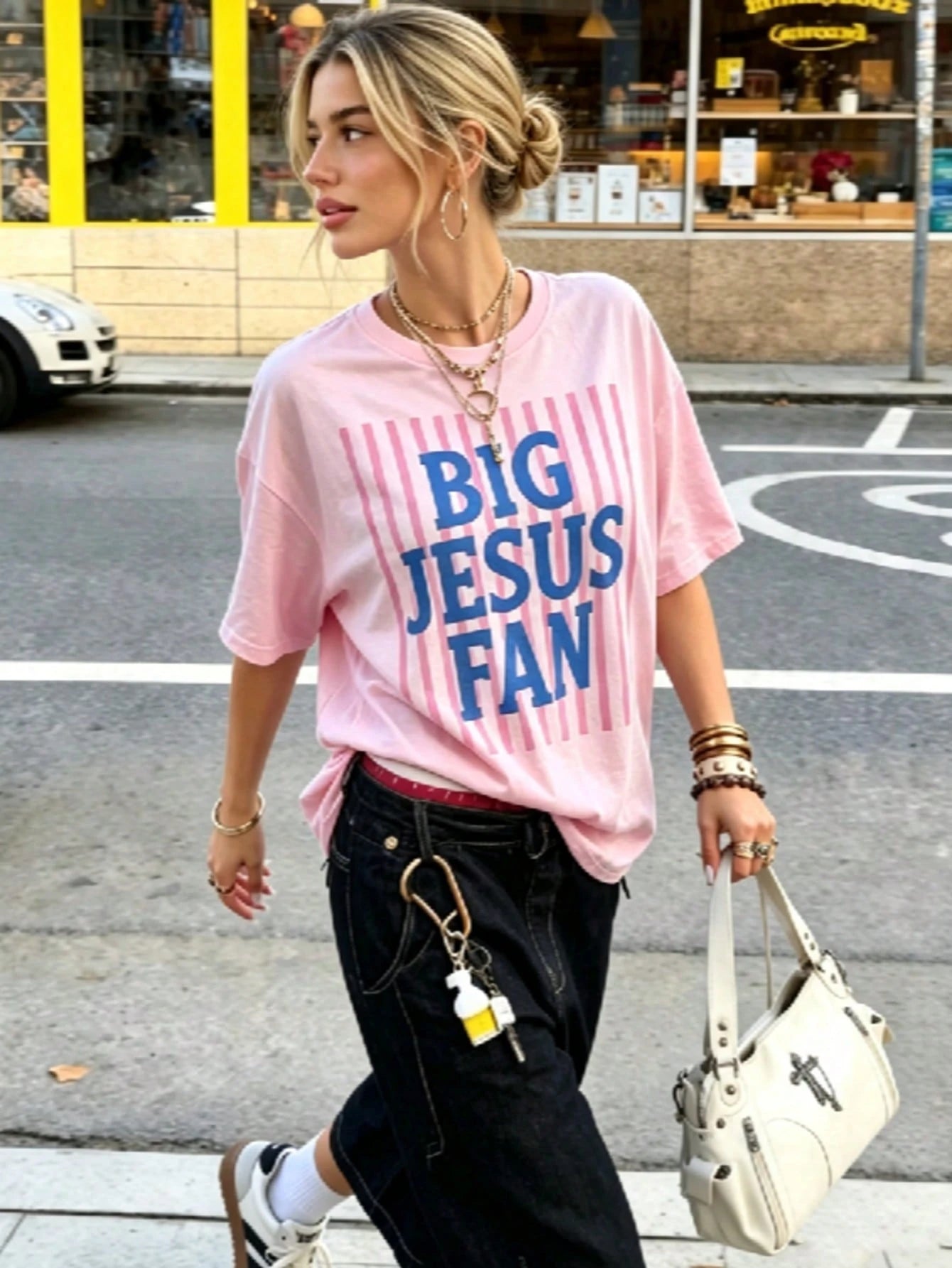 Big Jesus Fan Graphic Top-Loose-Fit Easy Relaxed Style