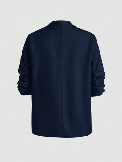 Big Tween Girl Elegant Casual Blue & White Striped Linen Blazer, Featuring Shawl Collar, Pleated Design And 3/4 Sleeves, Suitable For Spring/Autumn Daily Wear