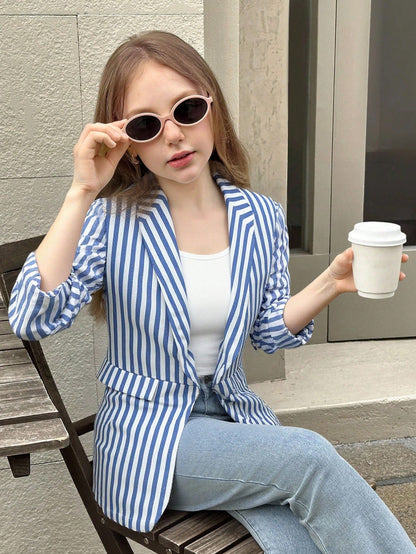 Big Tween Girl Elegant Casual Blue & White Striped Linen Blazer, Featuring Shawl Collar, Pleated Design And 3/4 Sleeves, Suitable For Spring/Autumn Daily Wear