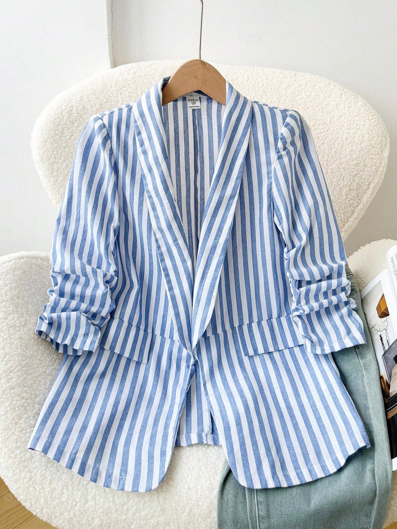 Big Tween Girl Elegant Casual Blue & White Striped Linen Blazer, Featuring Shawl Collar, Pleated Design And 3/4 Sleeves, Suitable For Spring/Autumn Daily Wear