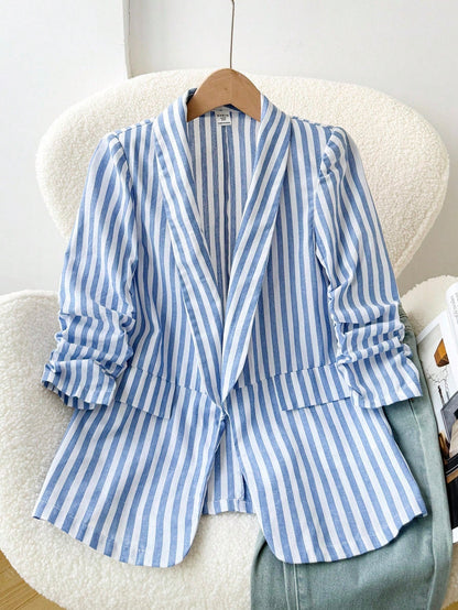 Big Tween Girl Elegant Casual Blue & White Striped Linen Blazer, Featuring Shawl Collar, Pleated Design And 3/4 Sleeves, Suitable For Spring/Autumn Daily Wear