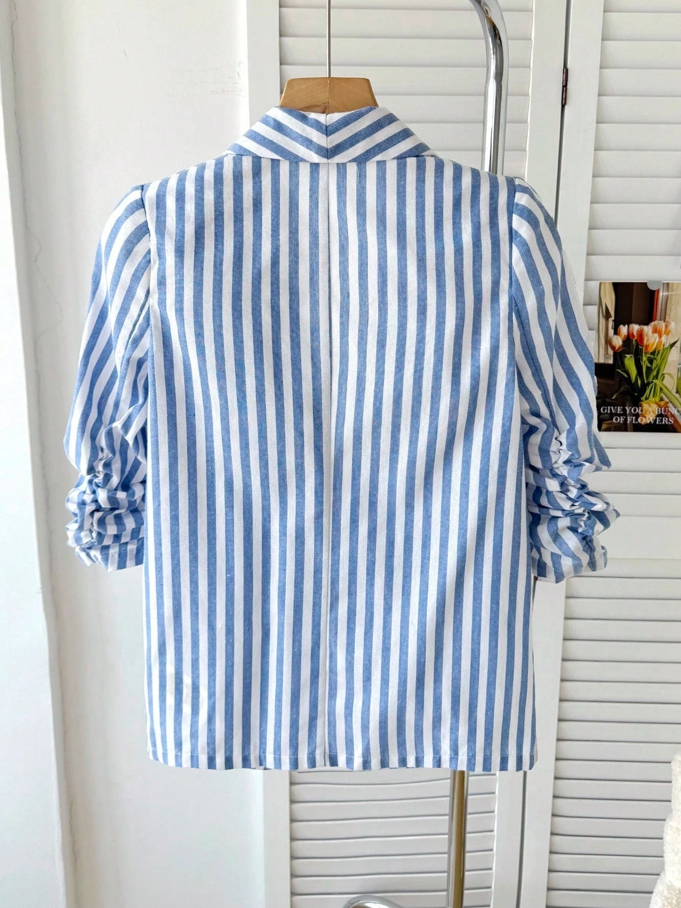 Big Tween Girl Elegant Casual Blue & White Striped Linen Blazer, Featuring Shawl Collar, Pleated Design And 3/4 Sleeves, Suitable For Spring/Autumn Daily Wear