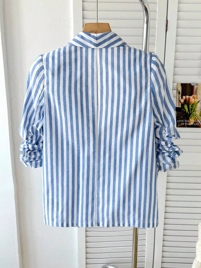 Big Tween Girl Elegant Casual Blue & White Striped Linen Blazer, Featuring Shawl Collar, Pleated Design And 3/4 Sleeves, Suitable For Spring/Autumn Daily Wear