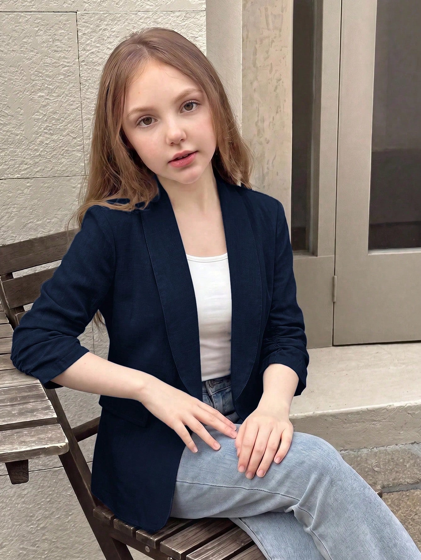 Big Tween Girl Elegant Casual Blue & White Striped Linen Blazer, Featuring Shawl Collar, Pleated Design And 3/4 Sleeves, Suitable For Spring/Autumn Daily Wear