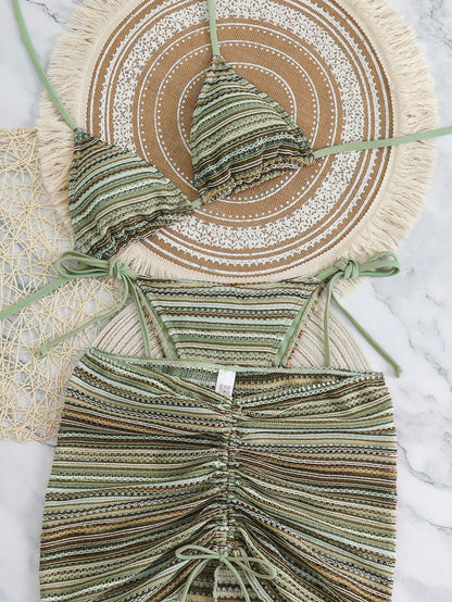 Bikinx Women's Summer Beach Wavy Pattern Halter Tie Sexy Bikini Set With Cover Up Skirt Vacation, Matching Set