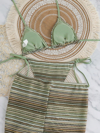 Bikinx Women's Summer Beach Wavy Pattern Halter Tie Sexy Bikini Set With Cover Up Skirt Vacation, Matching Set