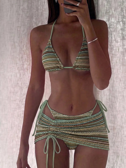 Bikinx Women's Summer Beach Wavy Pattern Halter Tie Sexy Bikini Set With Cover Up Skirt Vacation, Matching Set