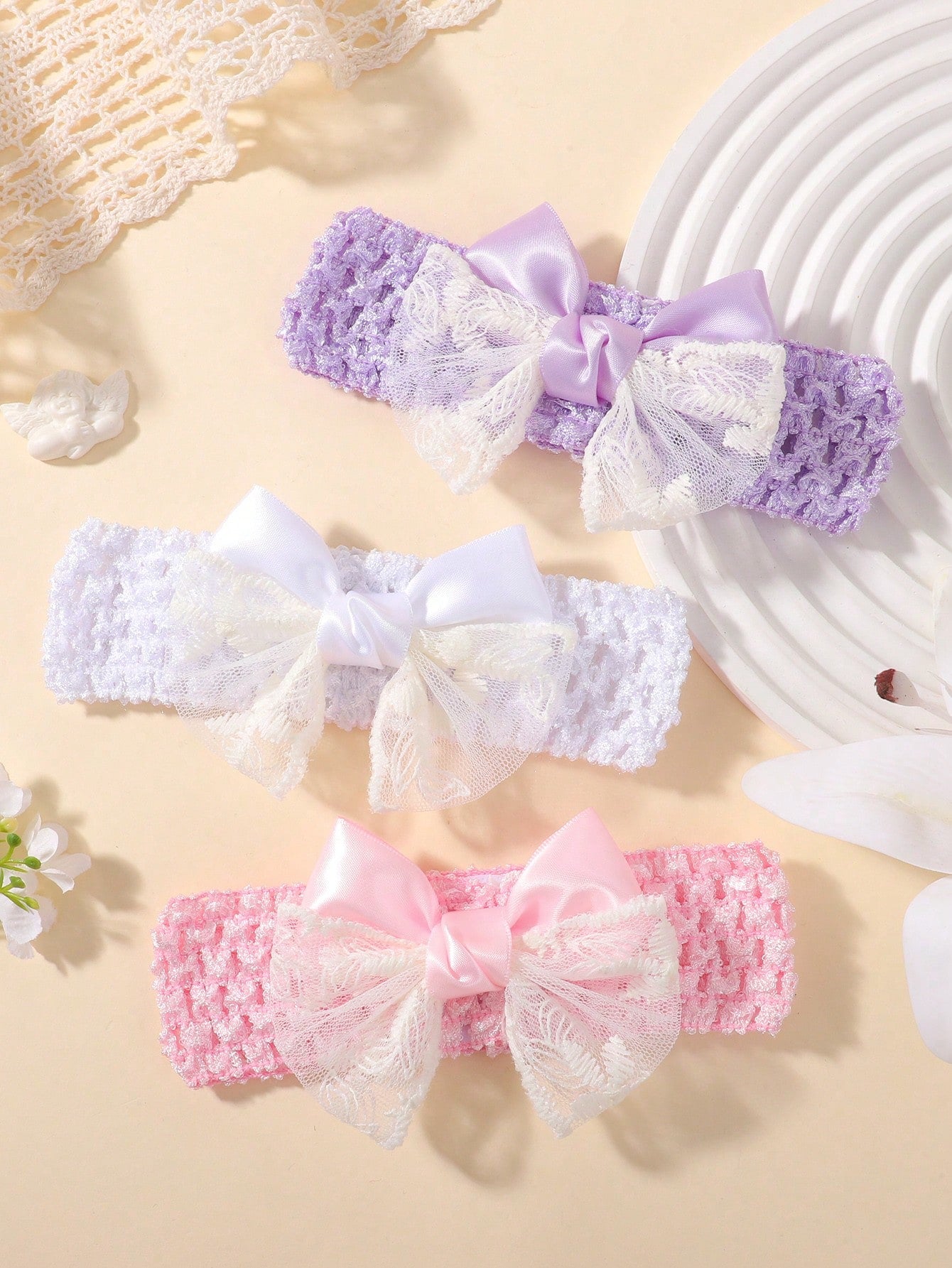 bilicaca 1/3pcs Baby Summer Hollow Out Headband Hair Accessories Lace Bow Decor Soft Comfortable Skin-Friendly Elastic Headband