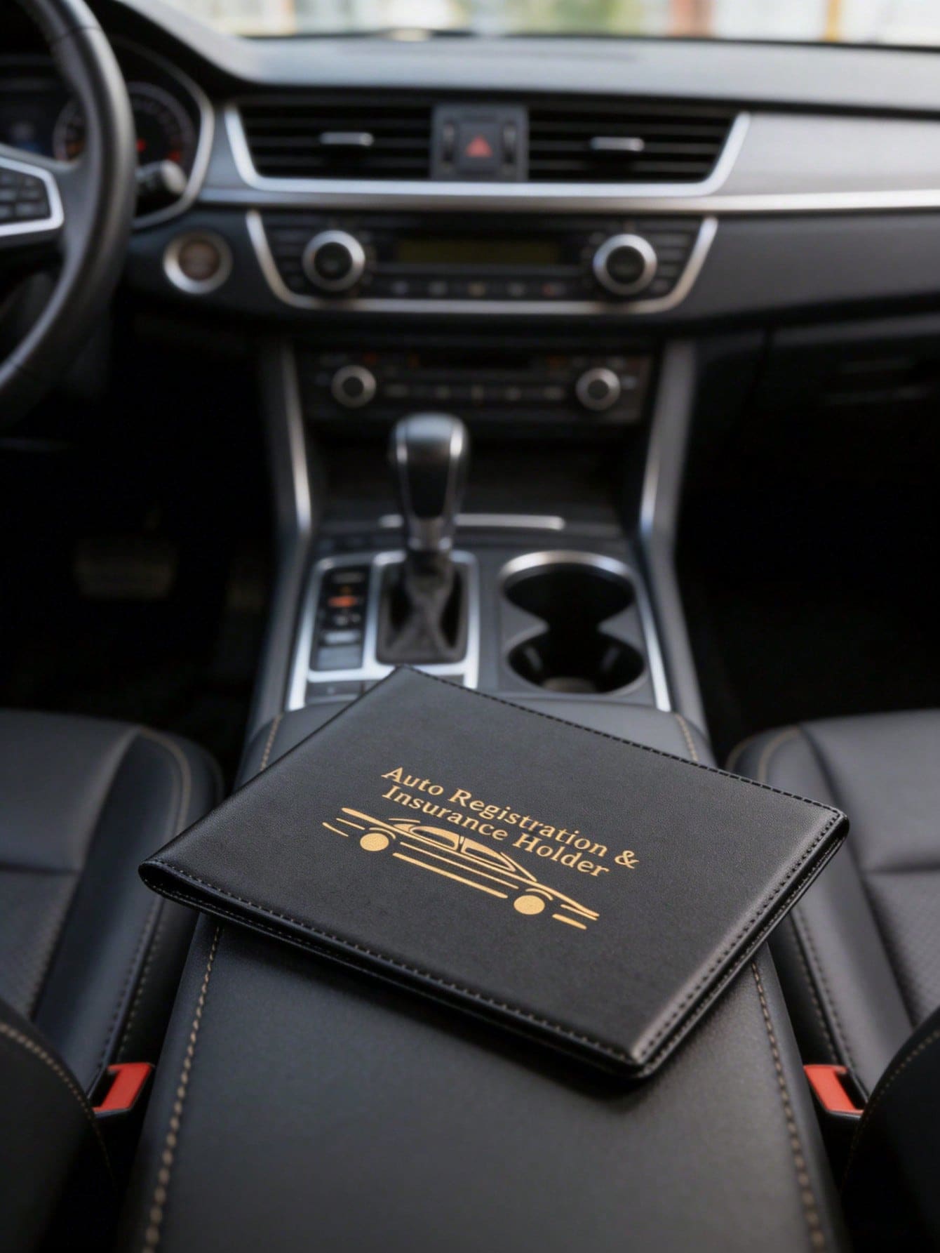 Black Durable PU Car Registration And Insurance Card Holder With Golden Car Pattern, Multi-Slot Design Suitable For Driver's License, Vehicle Documents And Motorcycle Papers, Fashionable Accessory