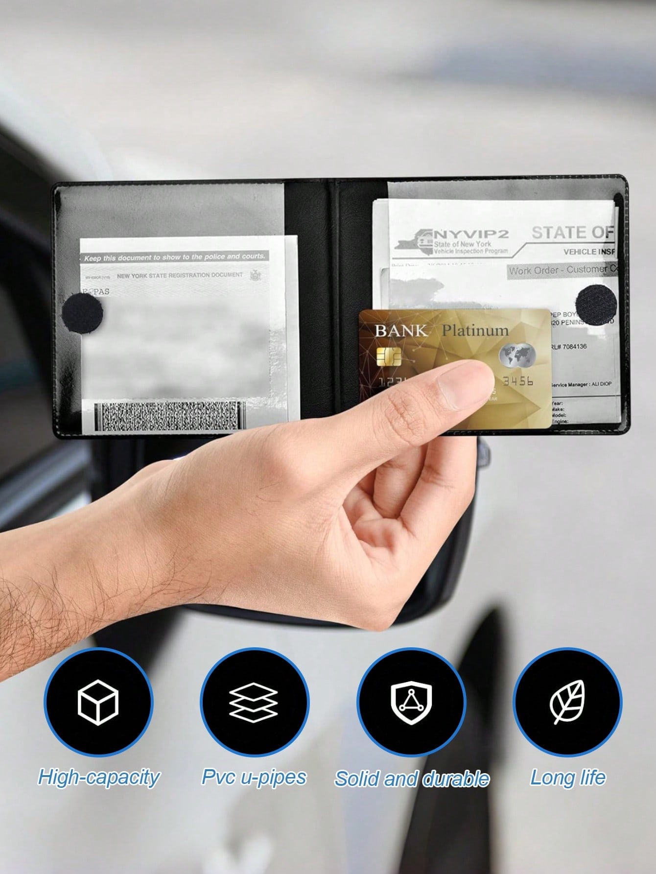 Black Durable PU Car Registration And Insurance Card Holder With Golden Car Pattern, Multi-Slot Design Suitable For Driver's License, Vehicle Documents And Motorcycle Papers, Fashionable Accessory