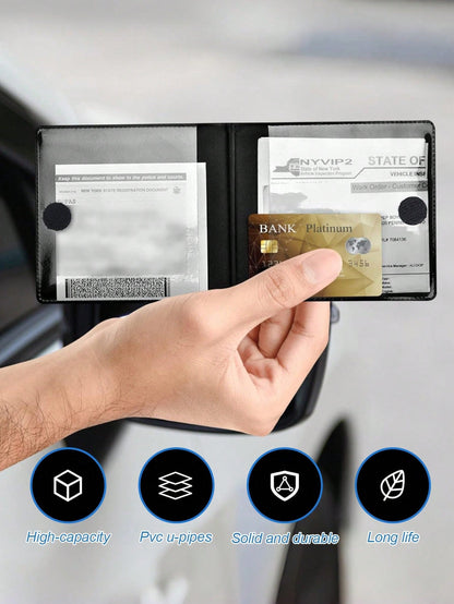 Black Durable PU Car Registration And Insurance Card Holder With Golden Car Pattern, Multi-Slot Design Suitable For Driver's License, Vehicle Documents And Motorcycle Papers, Fashionable Accessory