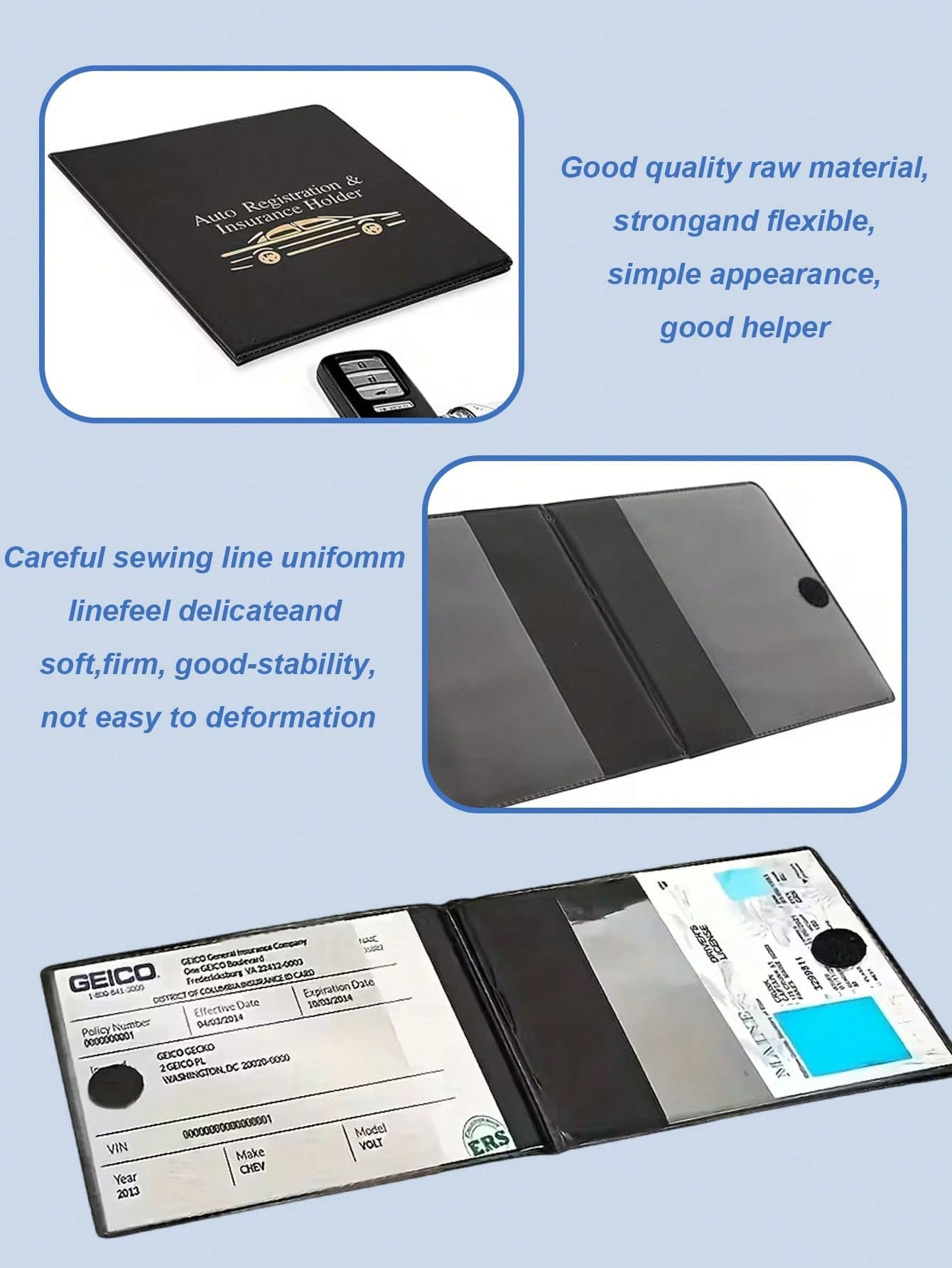 Black Durable PU Car Registration And Insurance Card Holder With Golden Car Pattern, Multi-Slot Design Suitable For Driver's License, Vehicle Documents And Motorcycle Papers, Fashionable Accessory