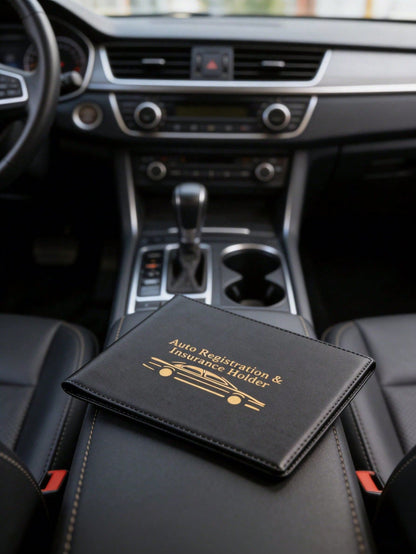 Black Durable PU Car Registration And Insurance Card Holder With Golden Car Pattern, Multi-Slot Design Suitable For Driver's License, Vehicle Documents And Motorcycle Papers, Fashionable Accessory