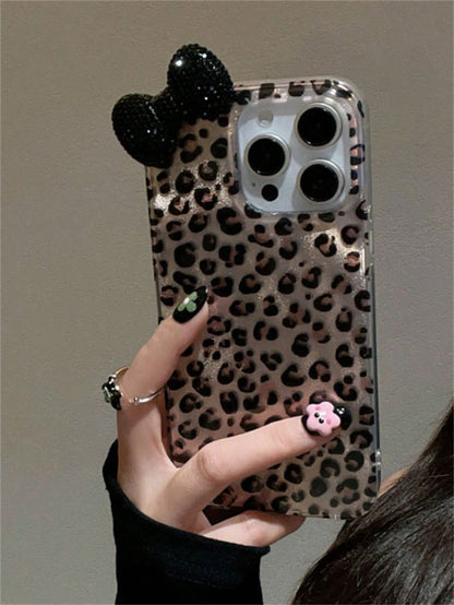 Black Leopard Print Fashion 3D Rhinestone Bow Leopard Print Phone Case, Compatible With IPhone 17/16/15/14/13/12 Pro Max/11, Stylish Shock-Resistant Back Cover Birthday