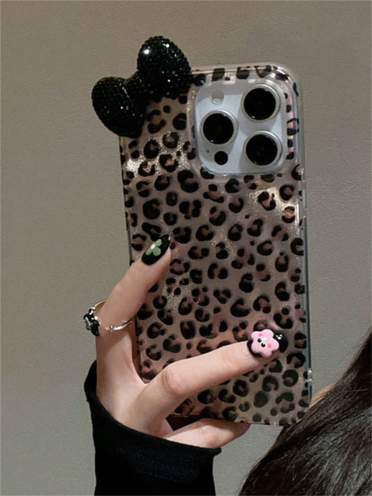 Black Leopard Print Fashion 3D Rhinestone Bow Leopard Print Phone Case, Compatible With IPhone 17/16/15/14/13/12 Pro Max/11, Stylish Shock-Resistant Back Cover Birthday