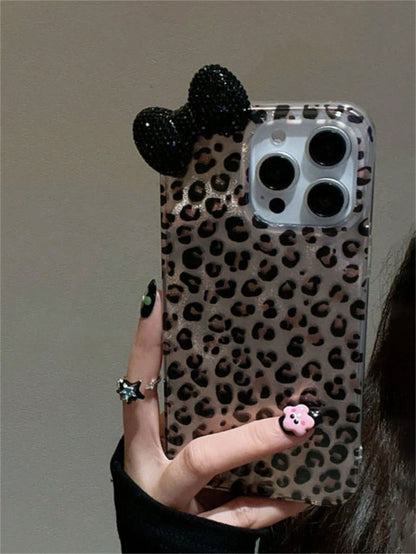 Black Leopard Print Fashion 3D Rhinestone Bow Leopard Print Phone Case, Compatible With IPhone 17/16/15/14/13/12 Pro Max/11, Stylish Shock-Resistant Back Cover Birthday