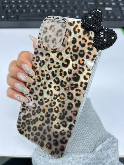 Black Leopard Print Fashion 3D Rhinestone Bow Leopard Print Phone Case, Compatible With IPhone 17/16/15/14/13/12 Pro Max/11, Stylish Shock-Resistant Back Cover Birthday