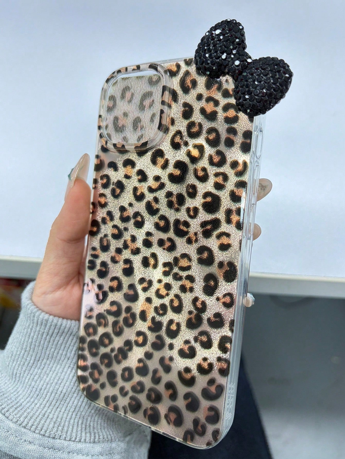 Black Leopard Print Fashion 3D Rhinestone Bow Leopard Print Phone Case, Compatible With IPhone 17/16/15/14/13/12 Pro Max/11, Stylish Shock-Resistant Back Cover Birthday
