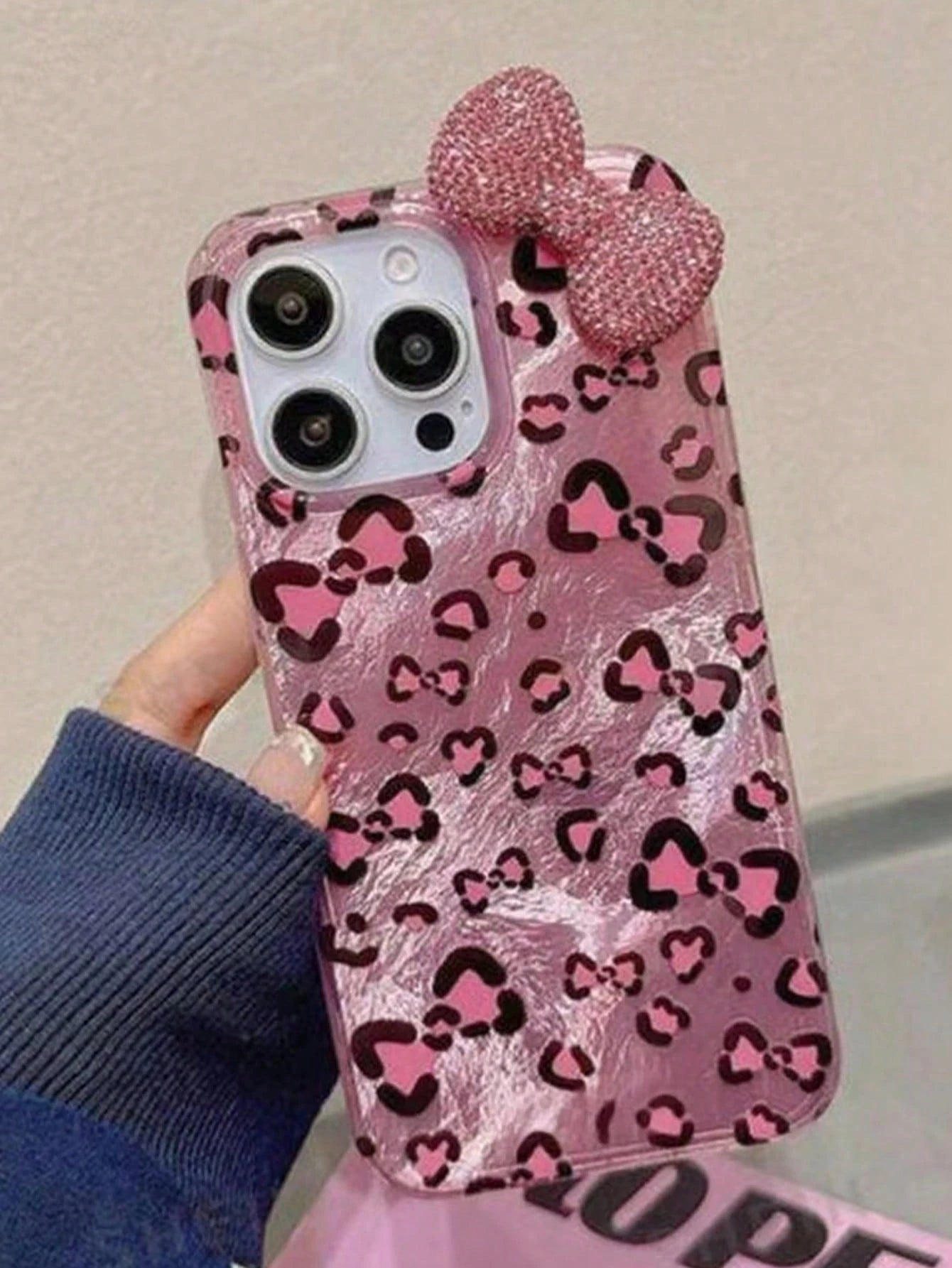 Black Leopard Print Fashion 3D Rhinestone Bow Leopard Print Phone Case, Compatible With IPhone 17/16/15/14/13/12 Pro Max/11, Stylish Shock-Resistant Back Cover Birthday