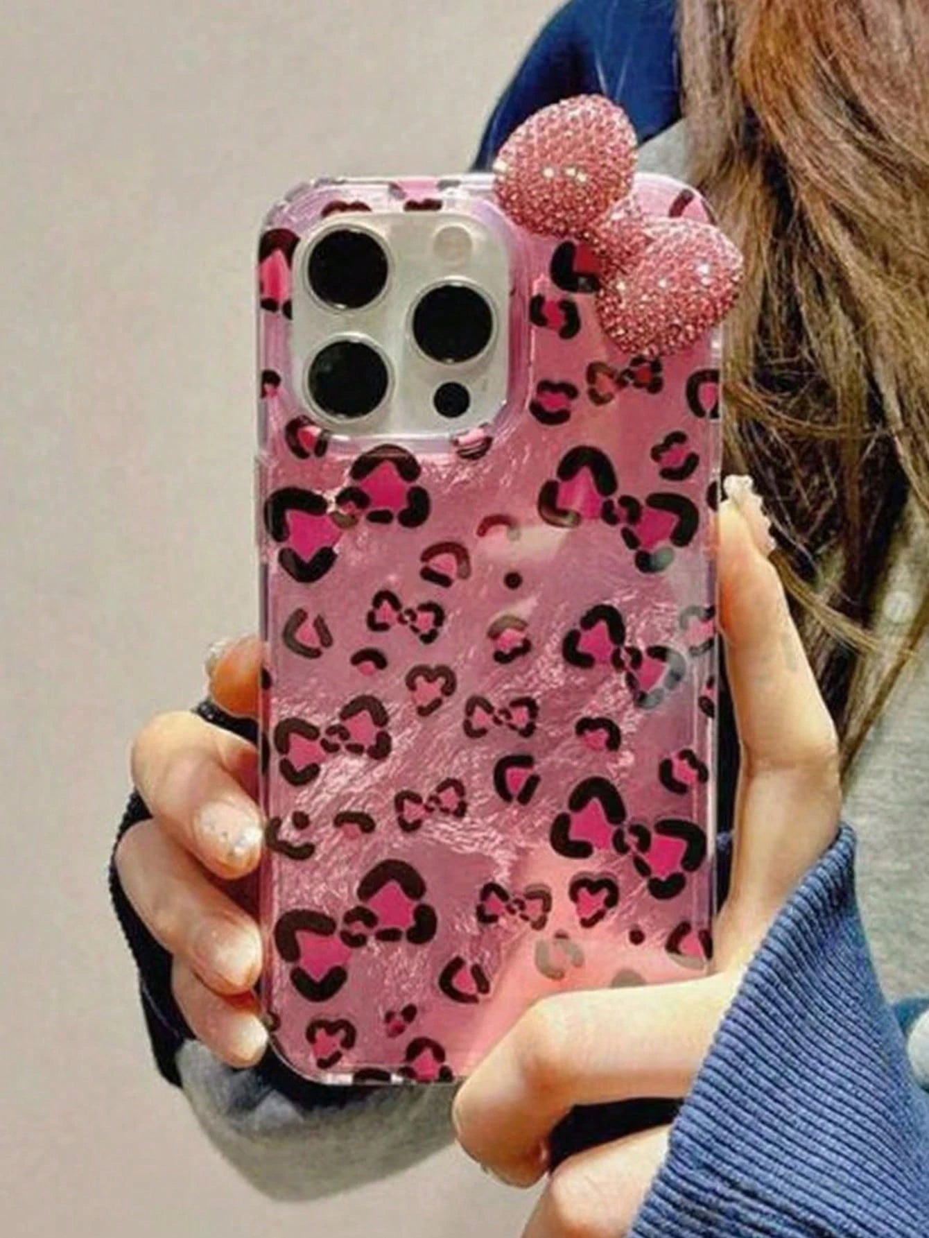 Black Leopard Print Fashion 3D Rhinestone Bow Leopard Print Phone Case, Compatible With IPhone 17/16/15/14/13/12 Pro Max/11, Stylish Shock-Resistant Back Cover Birthday