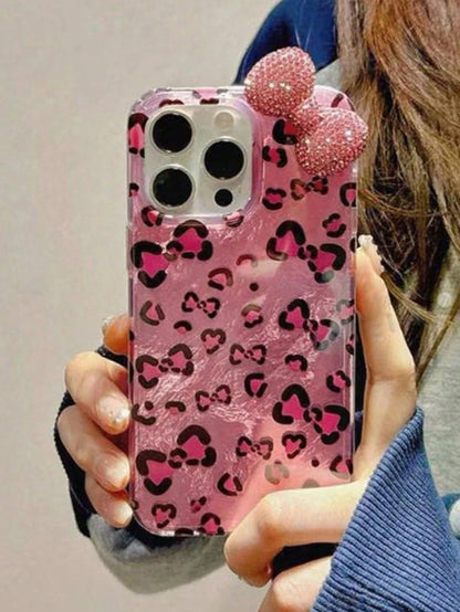 Black Leopard Print Fashion 3D Rhinestone Bow Leopard Print Phone Case, Compatible With IPhone 17/16/15/14/13/12 Pro Max/11, Stylish Shock-Resistant Back Cover Birthday