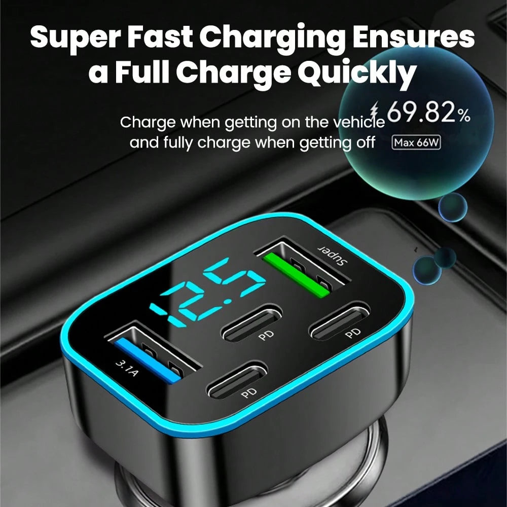 Black Matching Style Second Phase Cell Phones Car Charger 2U+3C 5-Port Digital Display Car Charger Valentine's Day Gift