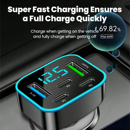 Black Matching Style Second Phase Cell Phones Car Charger 2U+3C 5-Port Digital Display Car Charger Valentine's Day Gift