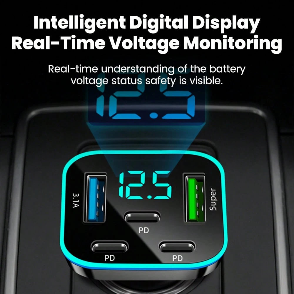 Black Matching Style Second Phase Cell Phones Car Charger 2U+3C 5-Port Digital Display Car Charger Valentine's Day Gift
