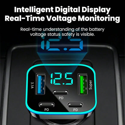 Black Matching Style Second Phase Cell Phones Car Charger 2U+3C 5-Port Digital Display Car Charger Valentine's Day Gift