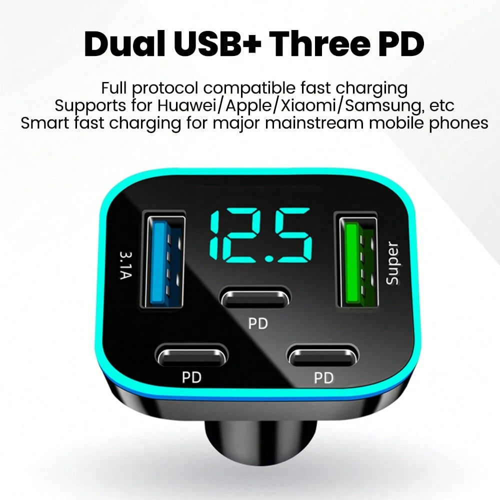 Black Matching Style Second Phase Cell Phones Car Charger 2U+3C 5-Port Digital Display Car Charger Valentine's Day Gift