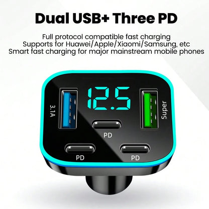 Black Matching Style Second Phase Cell Phones Car Charger 2U+3C 5-Port Digital Display Car Charger Valentine's Day Gift