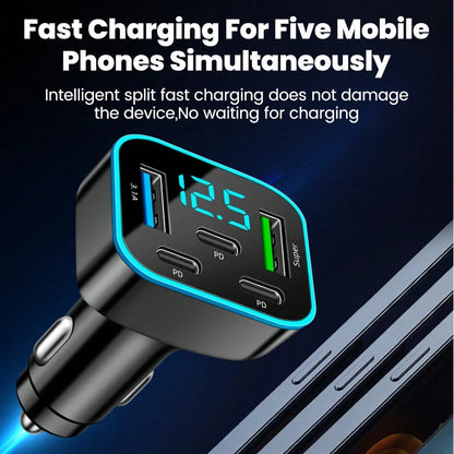 Black Matching Style Second Phase Cell Phones Car Charger 2U+3C 5-Port Digital Display Car Charger Valentine's Day Gift