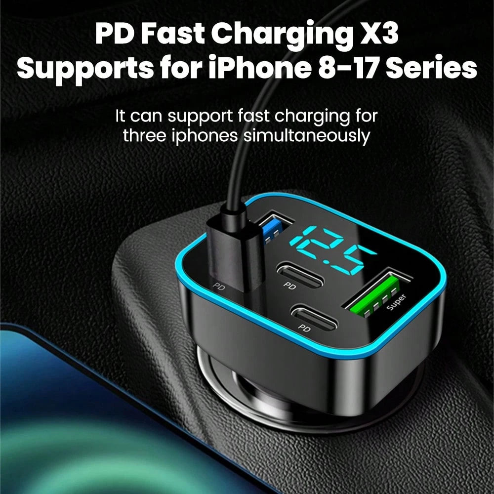 Black Matching Style Second Phase Cell Phones Car Charger 2U+3C 5-Port Digital Display Car Charger Valentine's Day Gift