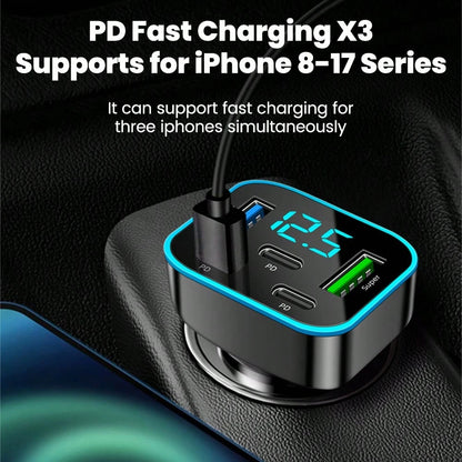Black Matching Style Second Phase Cell Phones Car Charger 2U+3C 5-Port Digital Display Car Charger Valentine's Day Gift