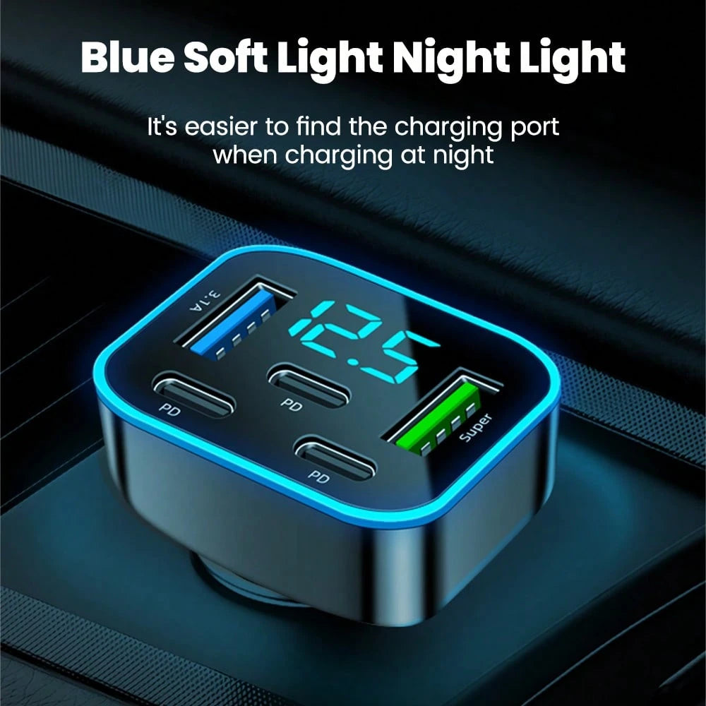 Black Matching Style Second Phase Cell Phones Car Charger 2U+3C 5-Port Digital Display Car Charger Valentine's Day Gift