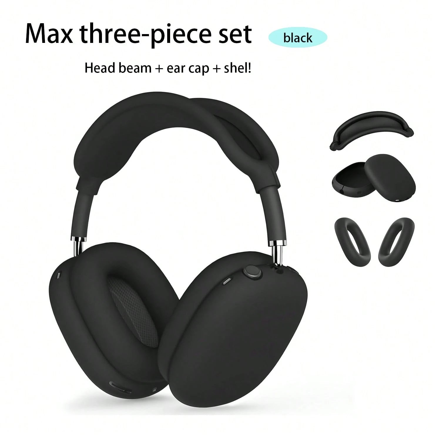 Black Pure Solid Color 3pcs Apple Max Headphone Protective Case Spring Gift