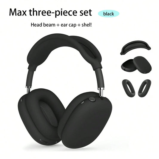 Black Pure Solid Color 3pcs Apple Max Headphone Protective Case Spring Gift