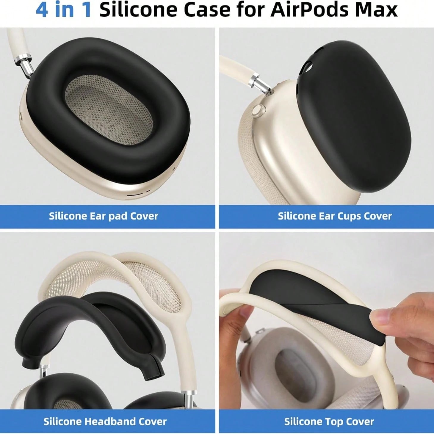 Black Pure Solid Color 3pcs Apple Max Headphone Protective Case Spring Gift